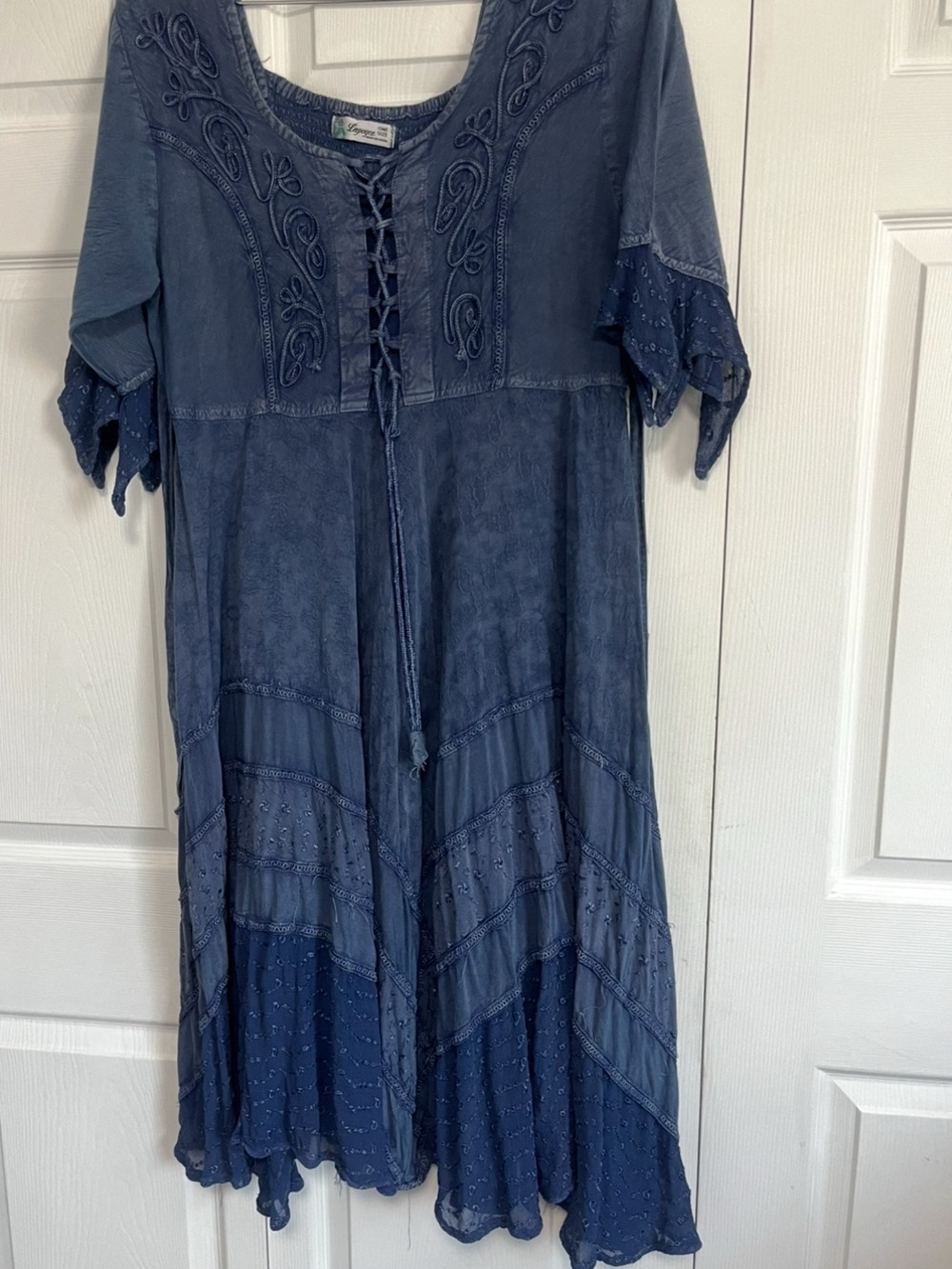 Embroidered Lace-Up Asymmetrical Midi Dress in Indigo